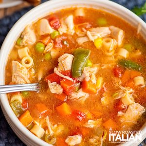 bowl of hot chicken vegetable soup