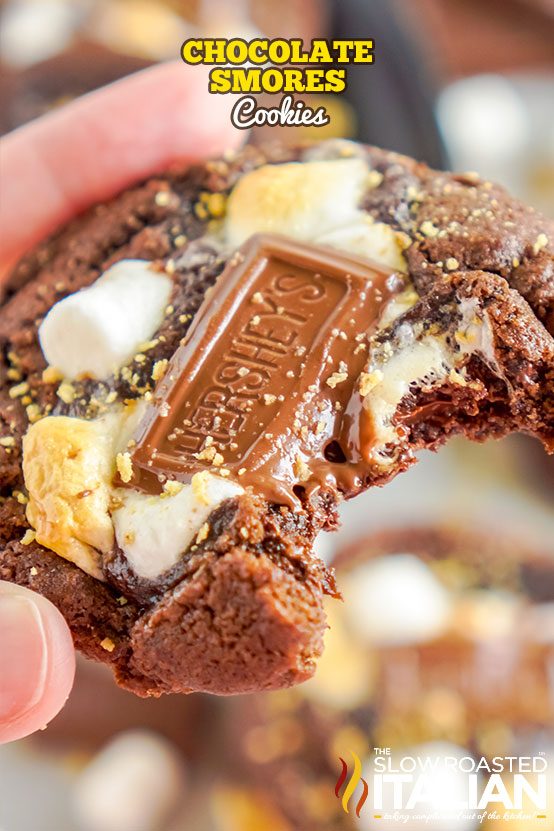 chocolate smores cookie with a bite taken out