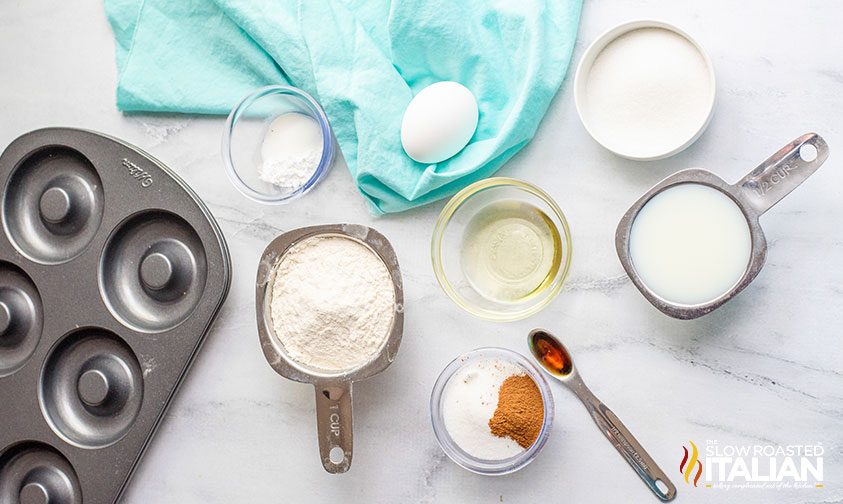 ingredients in bowls for baked donuts recipe