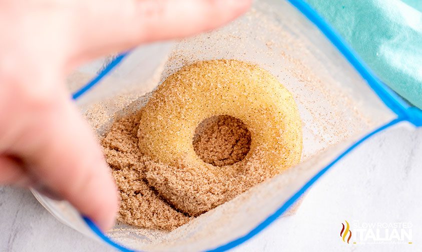 baked donuts in a bag of cinnamon sugar