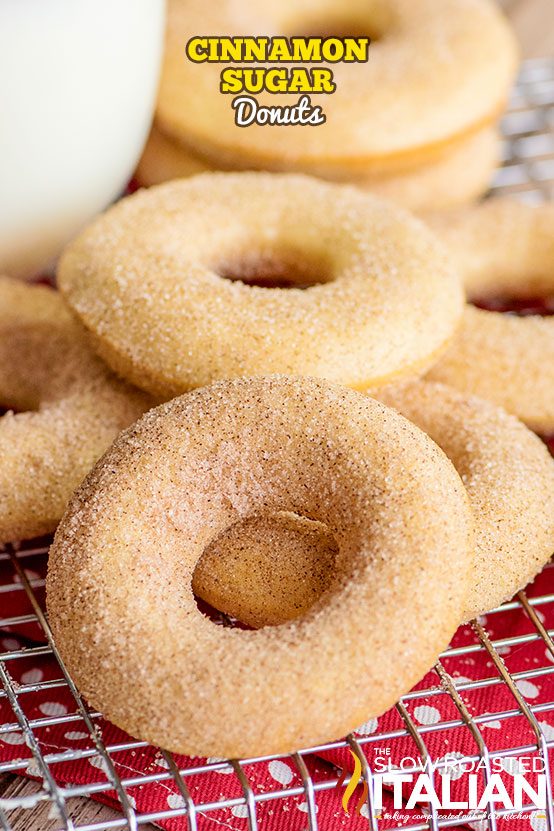 stack of cinnamon sugar donuts on cooling rack