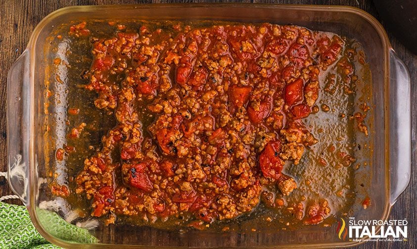 meat sauce in a casserole dish