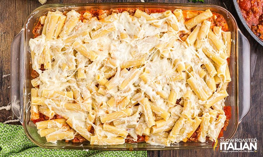 Easy Baked Ziti Recipe pasta with cheese in dish