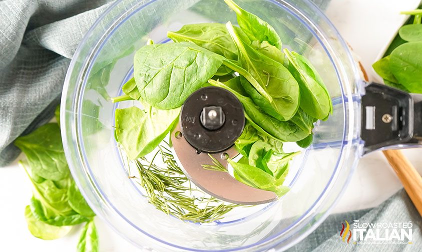 fresh spinach leaves in food processor