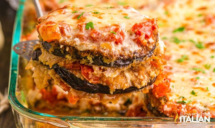 serving of italian eggplant parmesan, close up