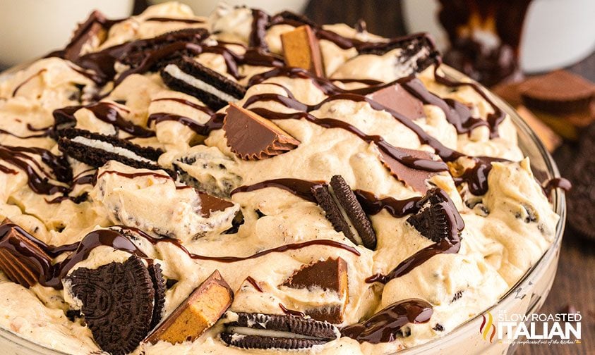 cream cheese dessert with Oreos and peanut butter cups
