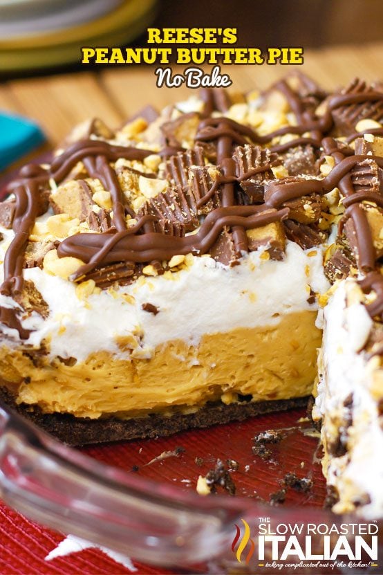 reese's peanut butter pie in pie pan with slice cut out