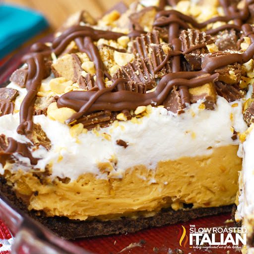 reeses peanut butter pie cut in pie plate