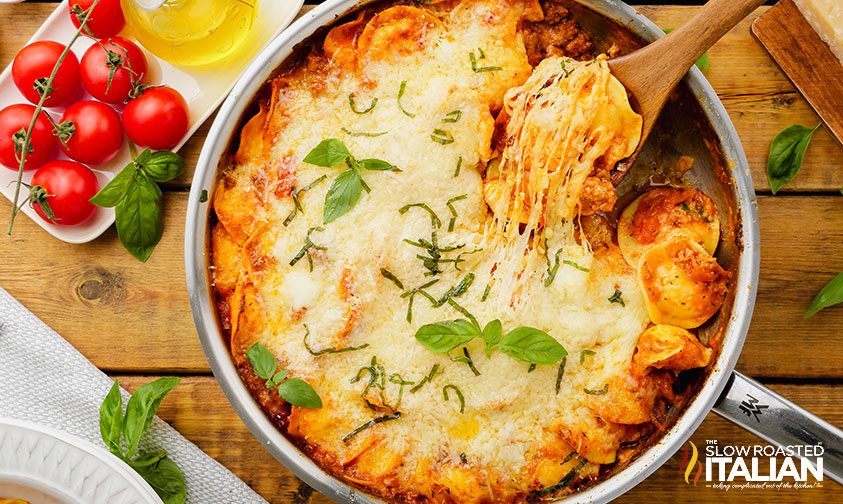 overhead of Skillet Ravioli and Sausage