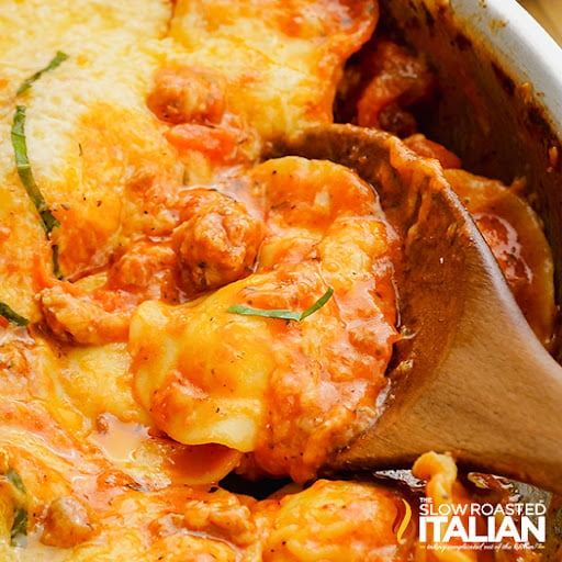 skillet ravioli close up, on wooden spoon