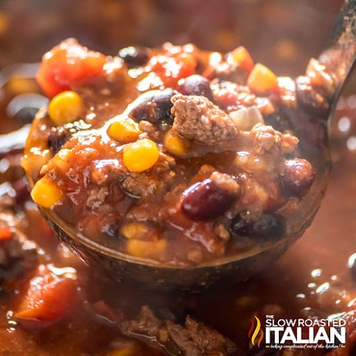 slow cooker taco soup in ladle