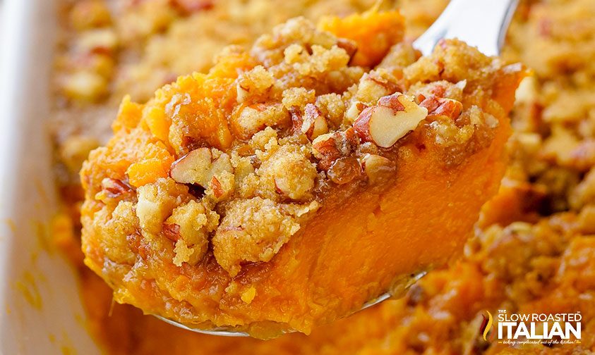 southern sweet potato casserole, close up