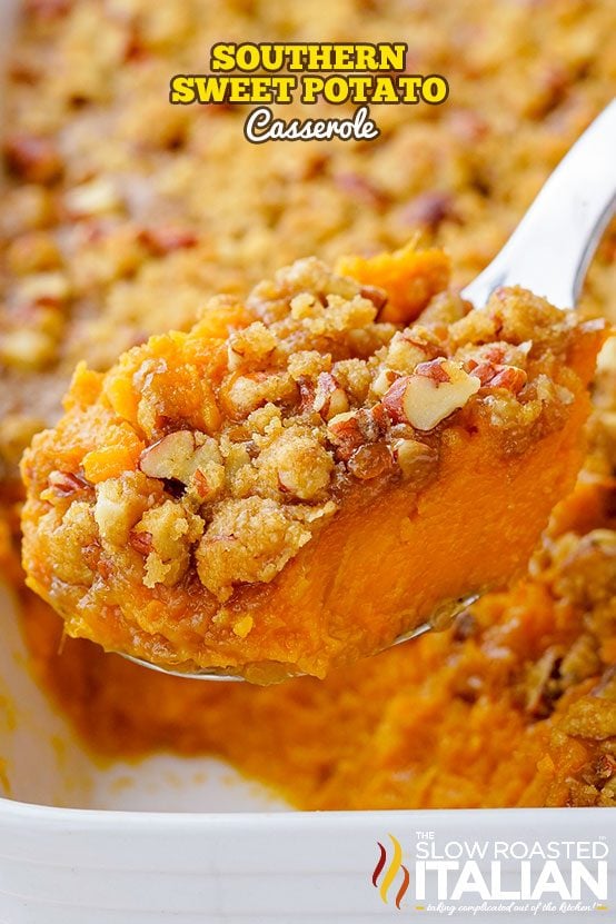 serving spoon with southern sweet potato casserole