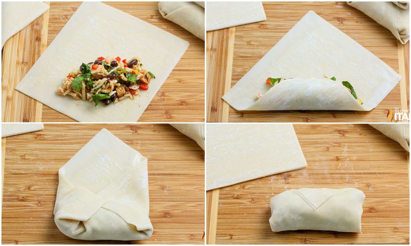 collage of steps on how to roll egg rolls