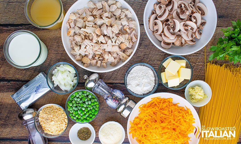 easy turkey tetrazzini ingredients on counter