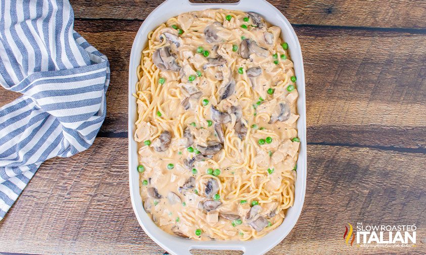 overhead: baking dish with leftover turkey and cooked spaghetti in creamy sauce