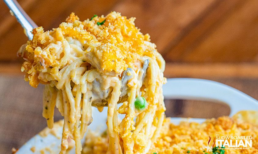 turkey tetrazzini on serving spoon, close up