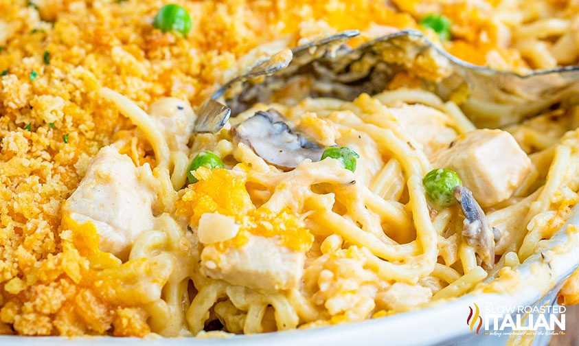 easy turkey tetrazzini in a casserole dish