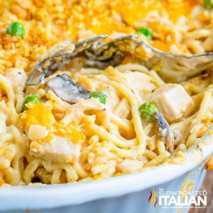 creamy turkey casserole, close up