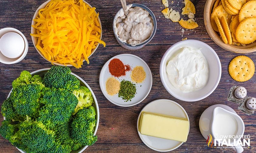 easy broccoli casserole recipe ingredients in bowls