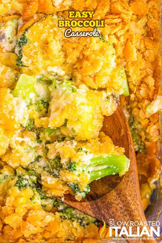 broccoli casserole on wooden spoon