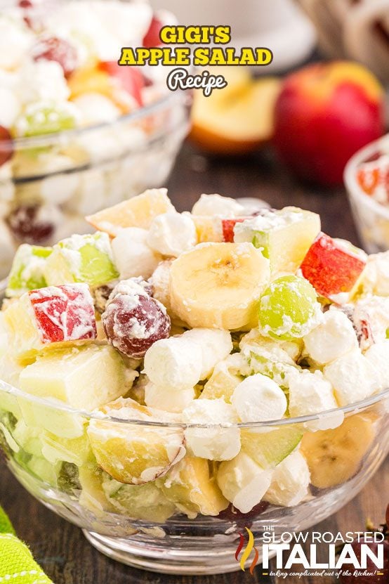 bowl of salad with mini marshmallows and fruit