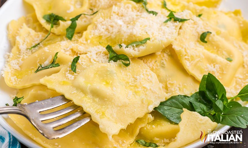 cheese ravioli on a fork