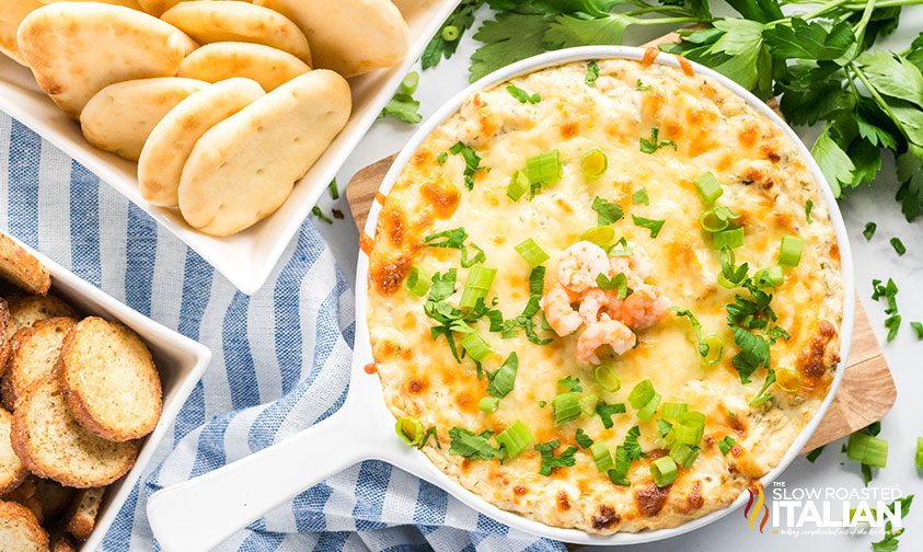 cream cheese shrimp dip in a skillet