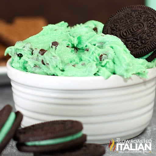 mint cookie dough dip in white bowl