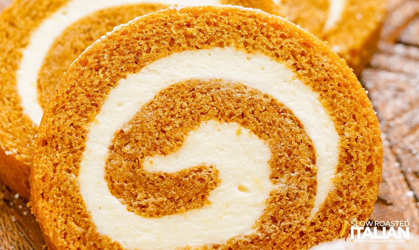 pumpkin roll cake close up on a board