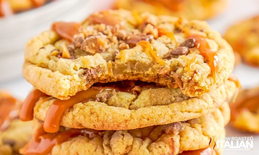 stack of toffee caramel cookies with a bite taken out