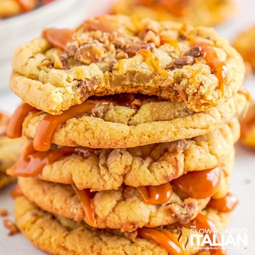 stack of toffee caramel cookies