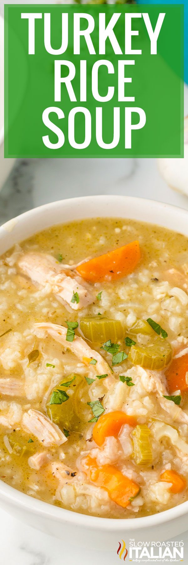 titled image (and shown): bowl of turkey rice soup, closeup