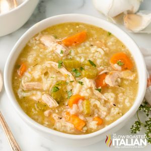 bowl of leftover turkey soup with rice