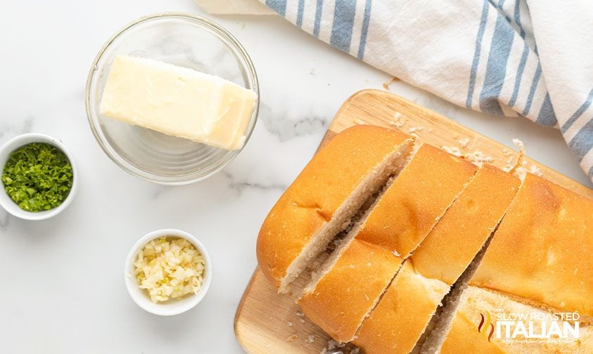 overhead: garlic bread recipe ingredients on counter