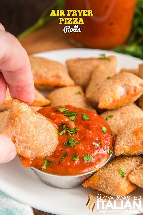 air fryer pizza rolls dipped in marinara sauce