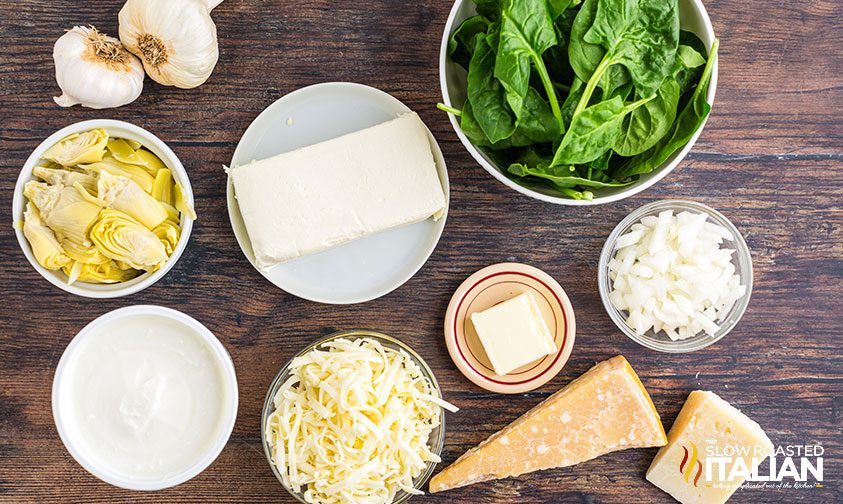 spinach artichoke dip recipe ingredients on countertop