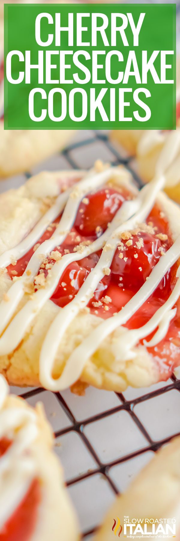 cherry cheesecake cookie drizzled with white frosting