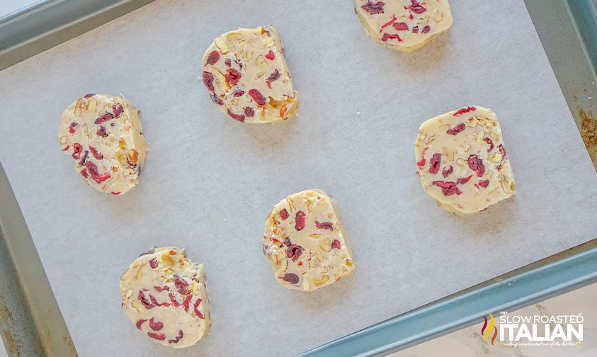 unbaked shortbread cookies on baking sheet