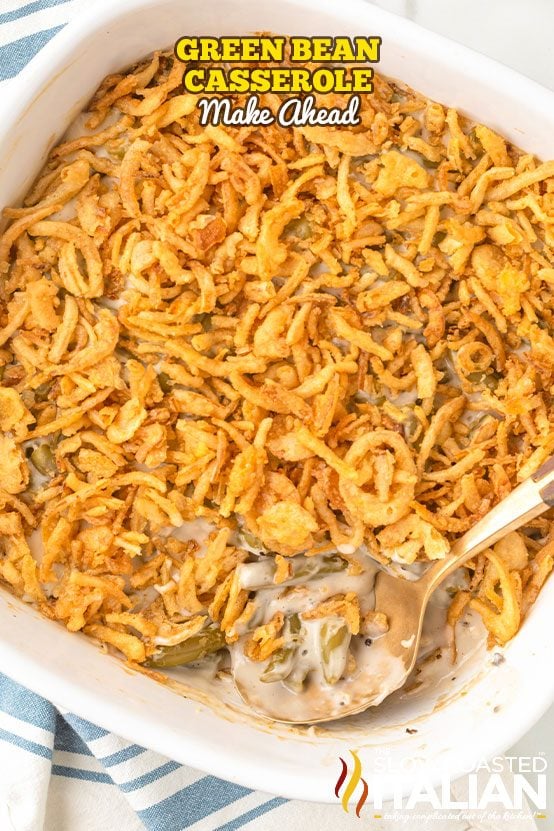 french's green bean casserole in baking dish with serving spoon