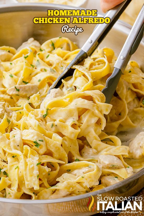 creamy chicken alfredo in a skillet