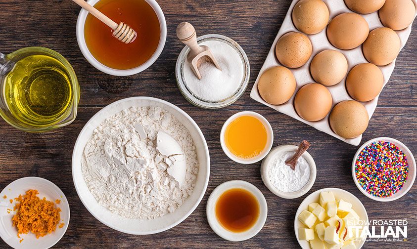 struffoli recipe ingredients in bowls on counter