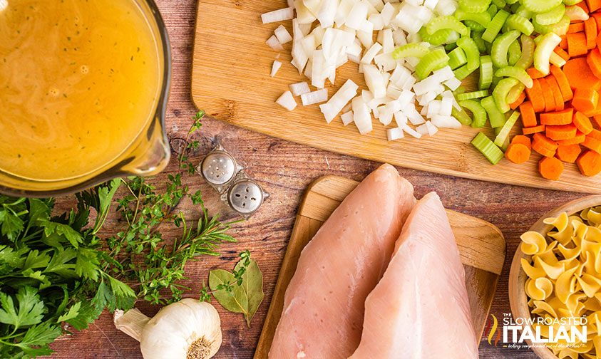 overhead: ingredients for chicken noodle soup recipe