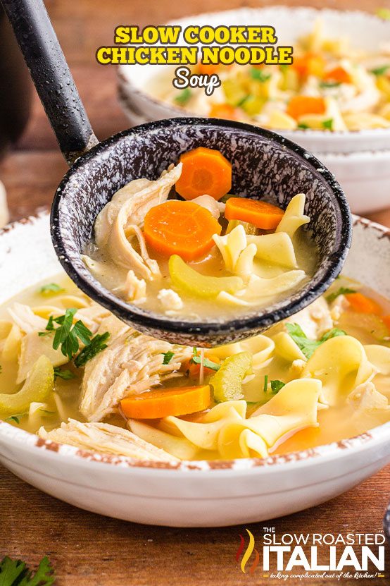 titled: grandma's slow cooker chicken noodle soup (in ladle)