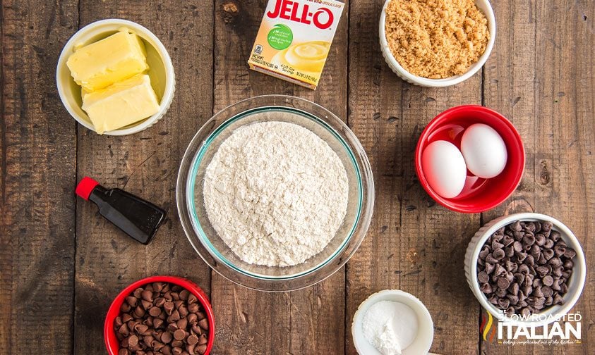 overhead: ingredients to make chocolate chip cookies with pudding