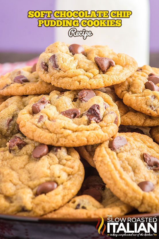 chocolate chip pudding cookies in a stack