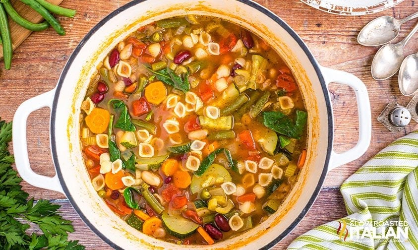 homemade minestrone soup in a dutch oven