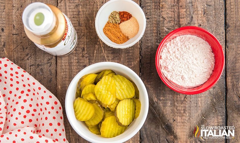 overhead: bowls of ingredients for fried pickles recipe