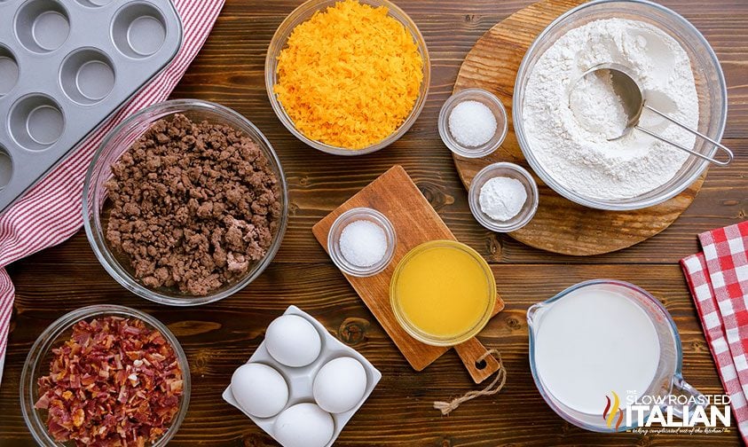 ingredients in bowls for cheeseburger breakfast bites