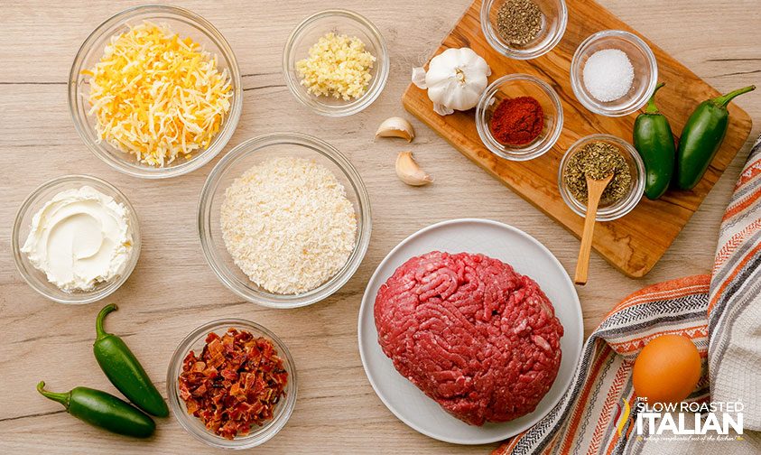 overhead: spicy meatballs recipe ingredients in bowls